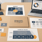 diagnostic strategique sur bureau avec fiches et graphiques