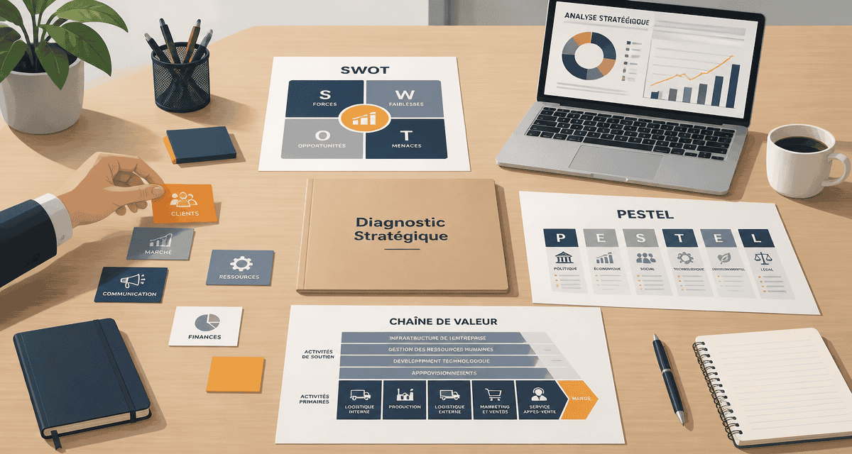 diagnostic strategique sur bureau avec fiches et graphiques