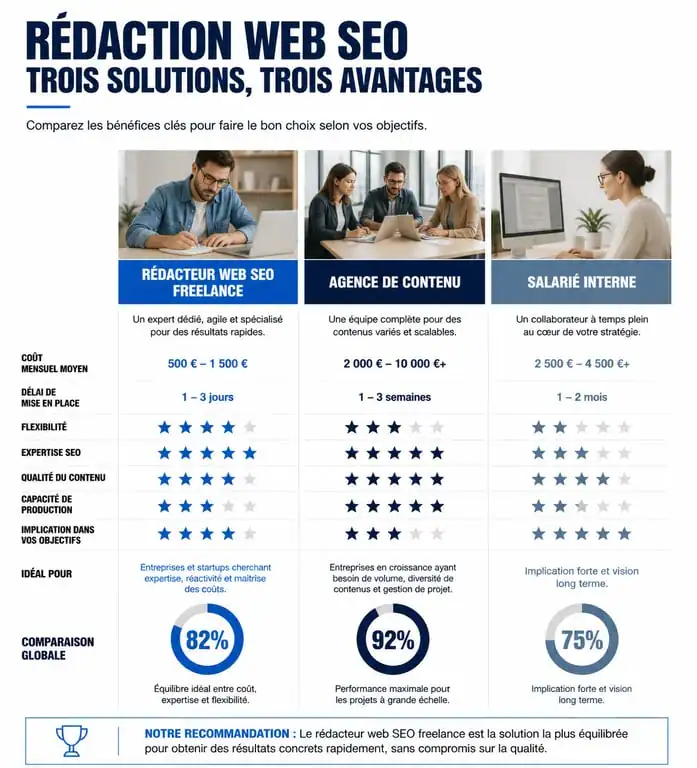 Comparatif des solutions de rédaction web : freelance SEO, agence et salarié