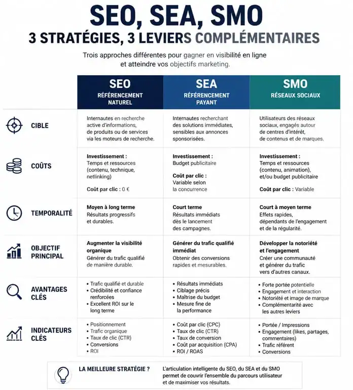 Infographie comparative SEO, SEA et SMO pour comprendre les différences entre référencement naturel, payant et social media optimization