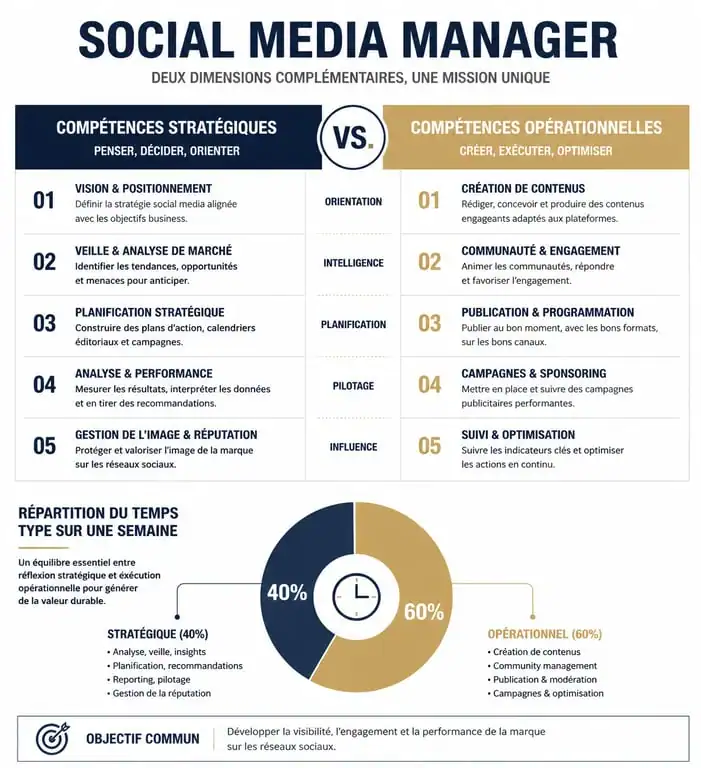 Infographie des compétences stratégiques et opérationnelles pour une formation social media manager