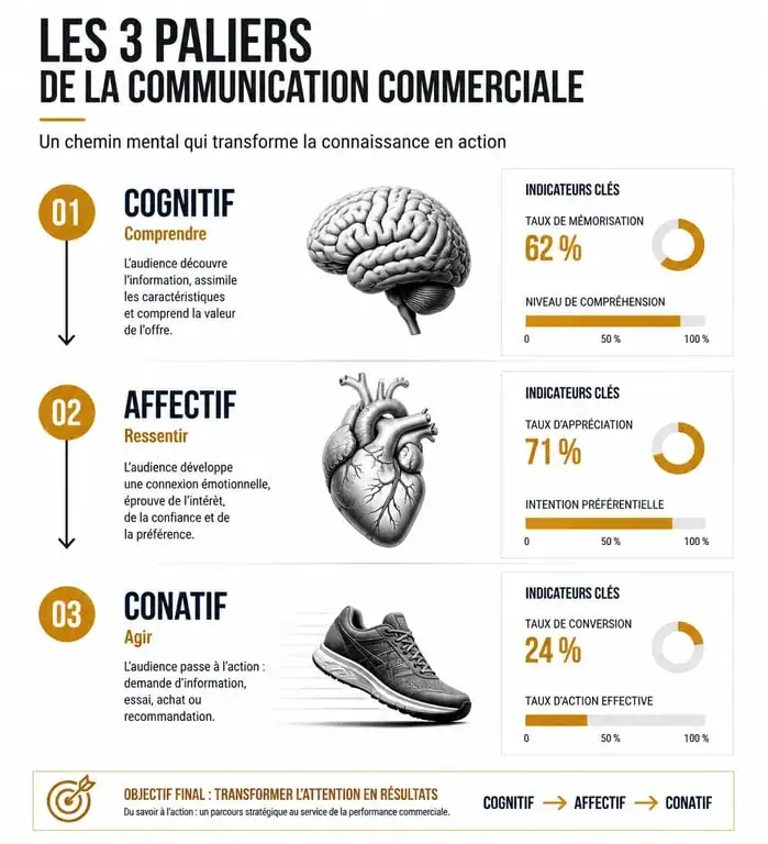Infographie des étapes de la communication commerciale : cognitif, affectif et conatif