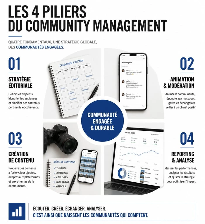 Infographie des piliers d'une offre de community management réussie