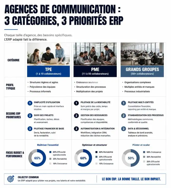 Infographie comparative des besoins en ERP pour agences de communication selon la taille de l'agence
