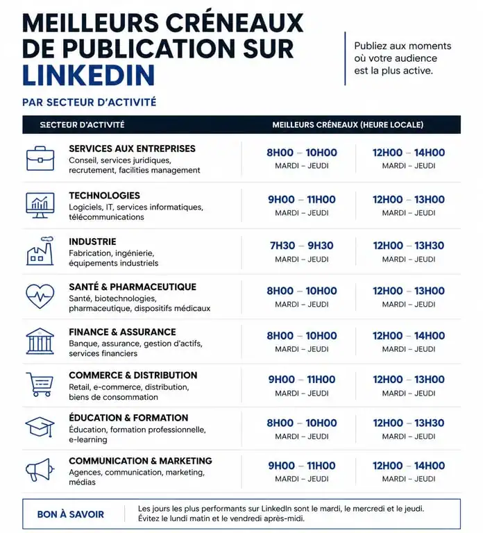 Infographie des meilleurs créneaux pour publier sur LinkedIn par secteur d'activité