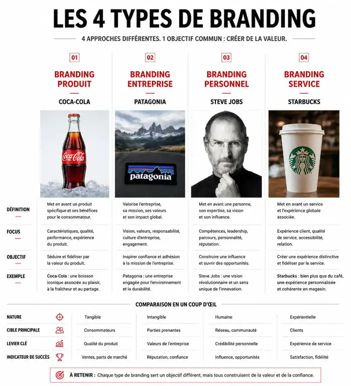 Infographie comparative des types de branding : produit, entreprise, personnel et service pour une stratégie de marque efficace.