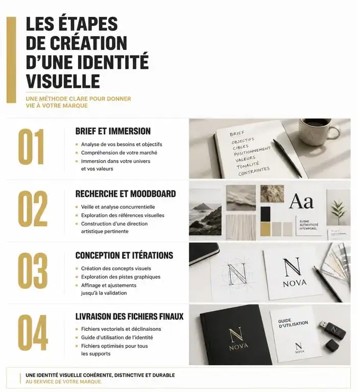 Étapes de création d'une identité visuelle par un graphiste professionnel