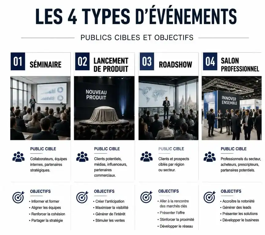 Infographie sur les types de communication événementielle et leurs objectifs stratégiques