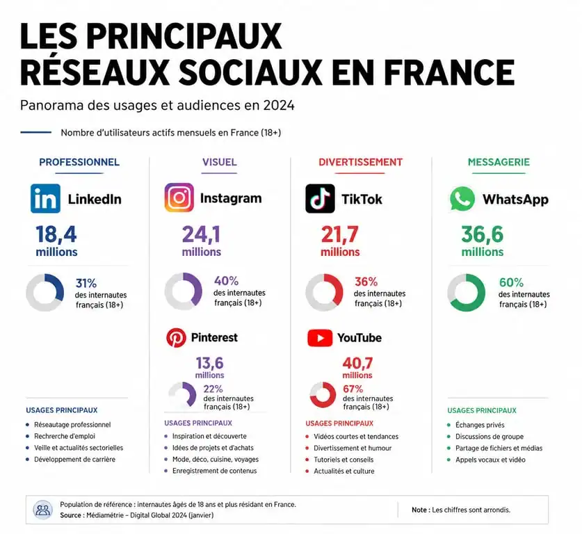 Infographie des réseaux sociaux les plus utilisés en France et leurs usages principaux