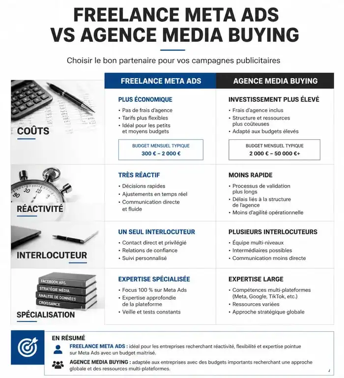 Infographie comparative freelance Meta Ads vs agence media buying pour optimiser vos campagnes publicitaires