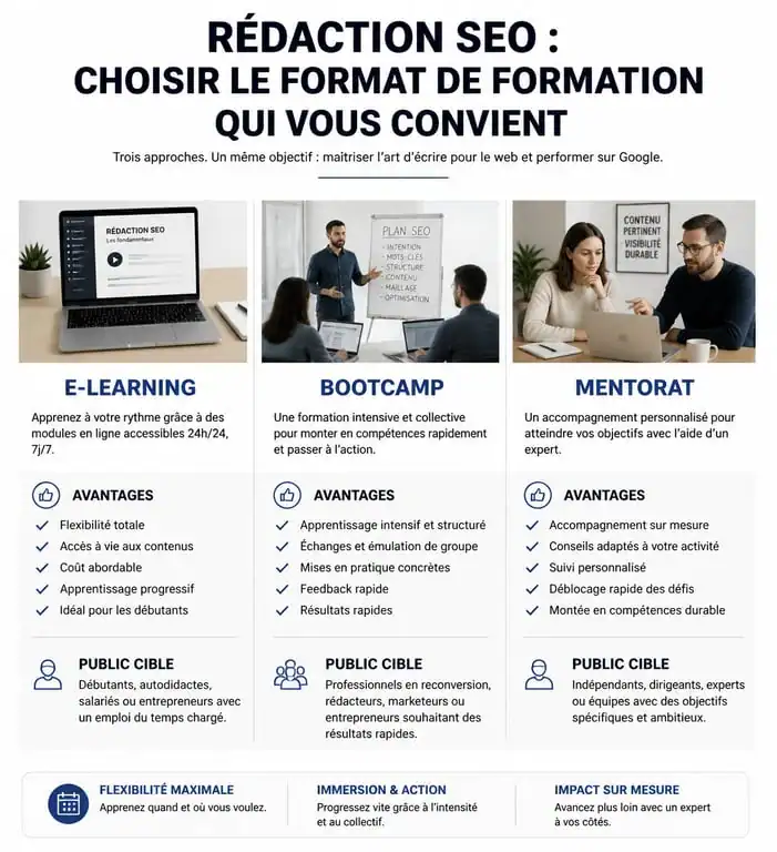 Infographie comparative des formats de formation en rédaction SEO