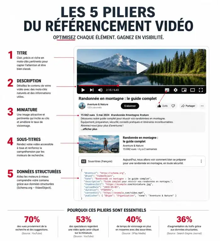Infographie des piliers du référencement vidéo pour YouTube et Google