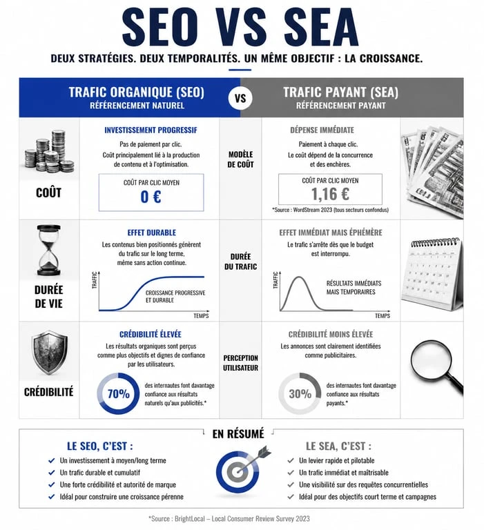 Infographie comparative entre le trafic organique SEO et le trafic payant SEA