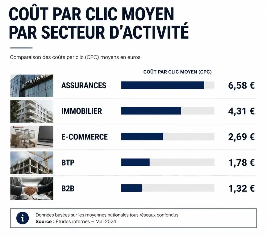 Infographie comparative des coûts par clic (CPC) moyens sur Google Ads par secteur d'activité