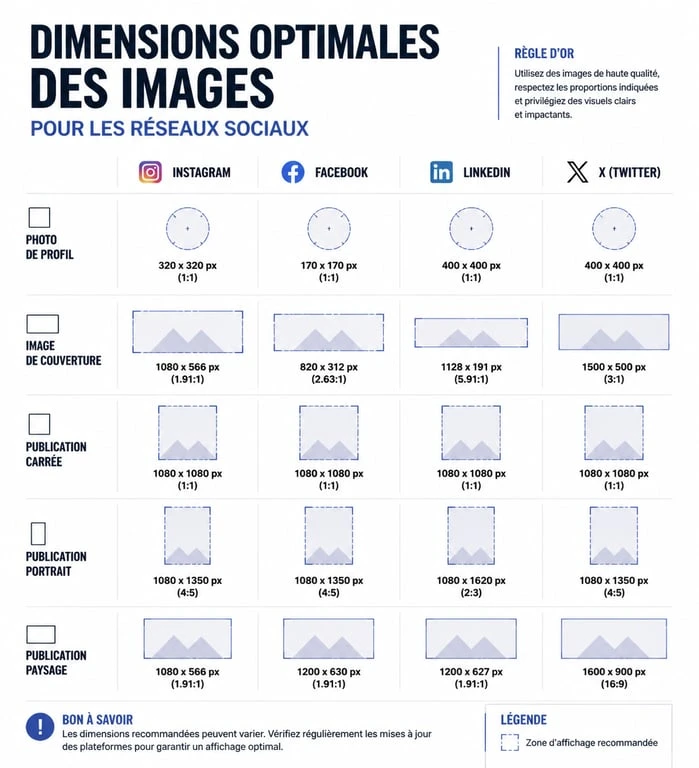 Infographie des tailles d'images pour les réseaux sociaux : dimensions optimales pour Instagram, Facebook, LinkedIn et X.