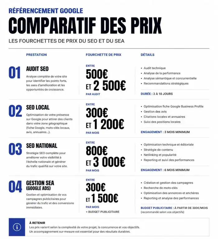 Infographie des prix du référencement Google SEO et SEA