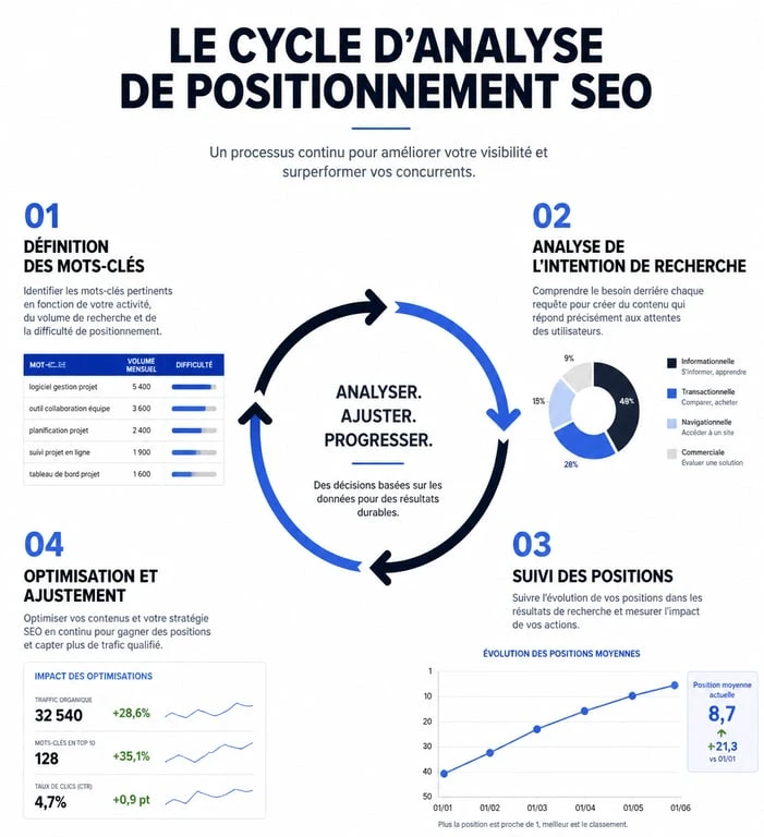 Infographie du cycle d'analyse de positionnement SEO pour améliorer son référencement naturel