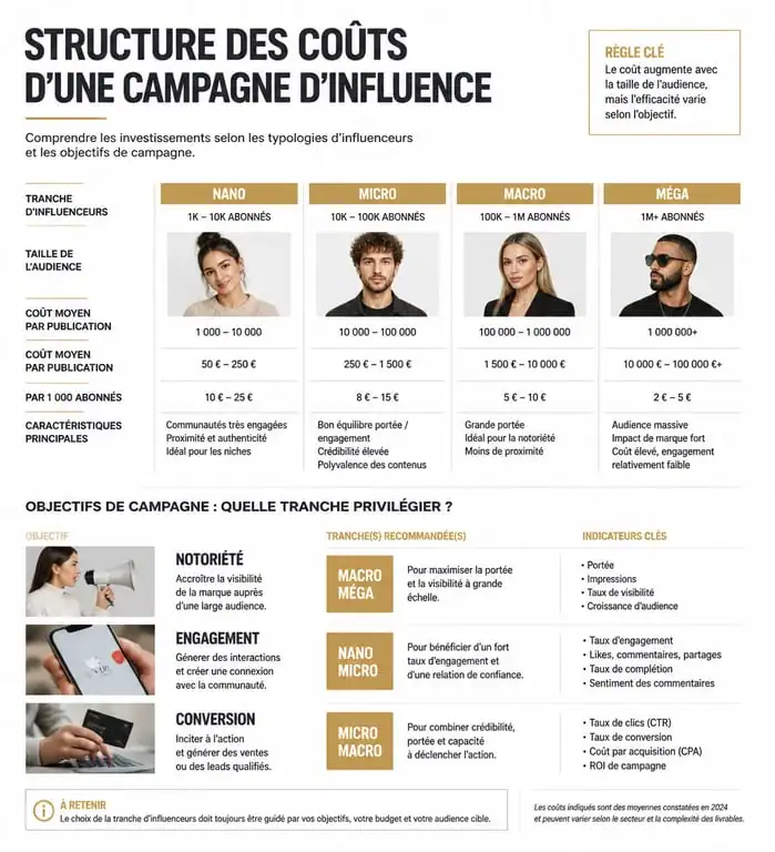 Infographie des tarifs et budgets pour une agence influenceur prix