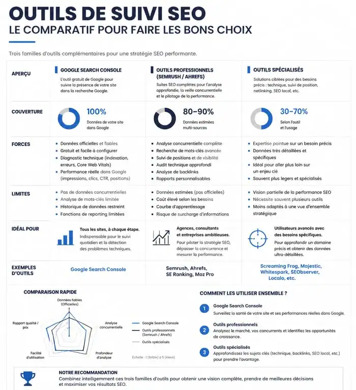 Comparatif des outils de suivi de positionnement site web : GSC, outils pro et spécialisés