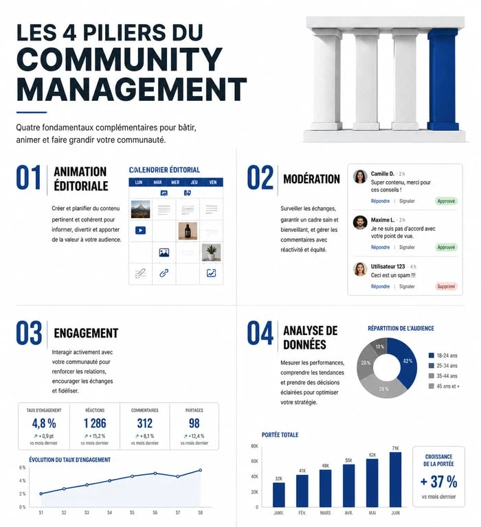 Infographie des quatre piliers du community management : animation, modération, engagement et analyse.