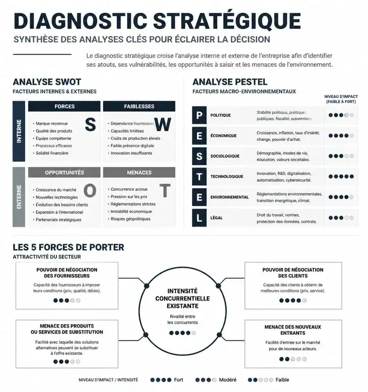 Infographie du diagnostic stratégique : synthèse des modèles SWOT, PESTEL et 5 forces de Porter