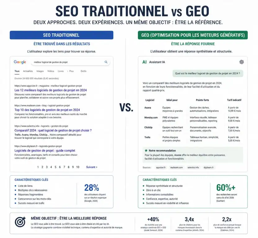 Comparaison entre SEO traditionnel et référencement IA (GEO)