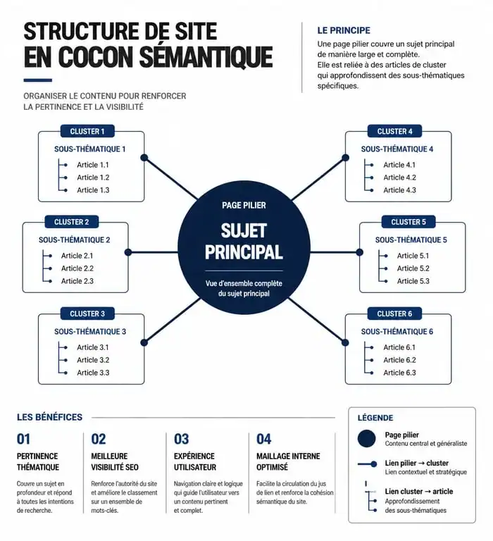 Schéma de stratégie éditoriale SEO : structure en cocon sémantique avec page pilier et clusters