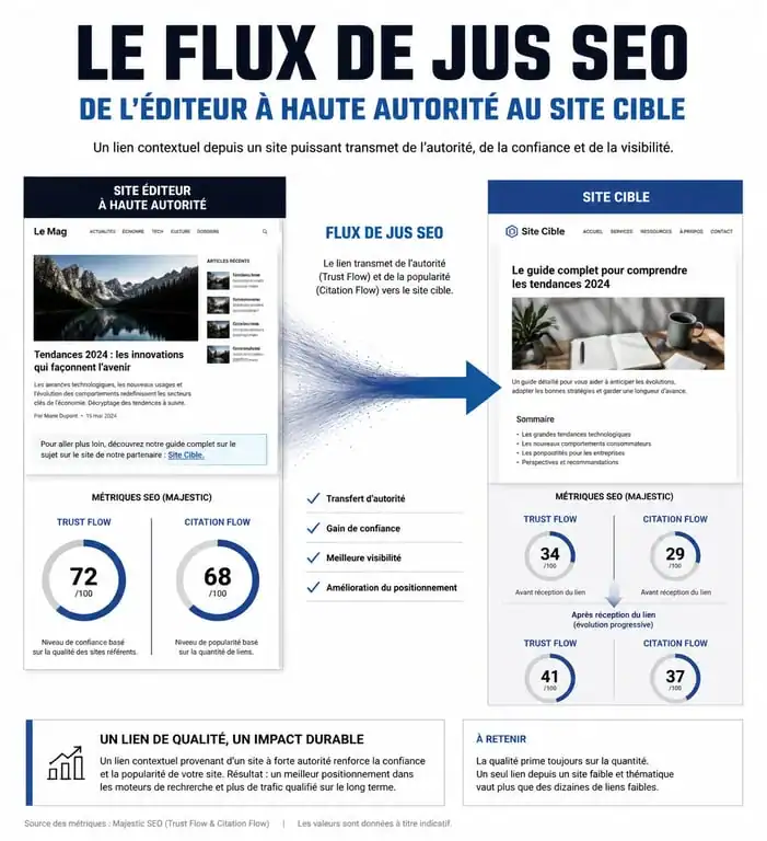 Schéma illustrant le fonctionnement de l'achat de liens sponsorisés et la transmission de l'autorité SEO entre sites web