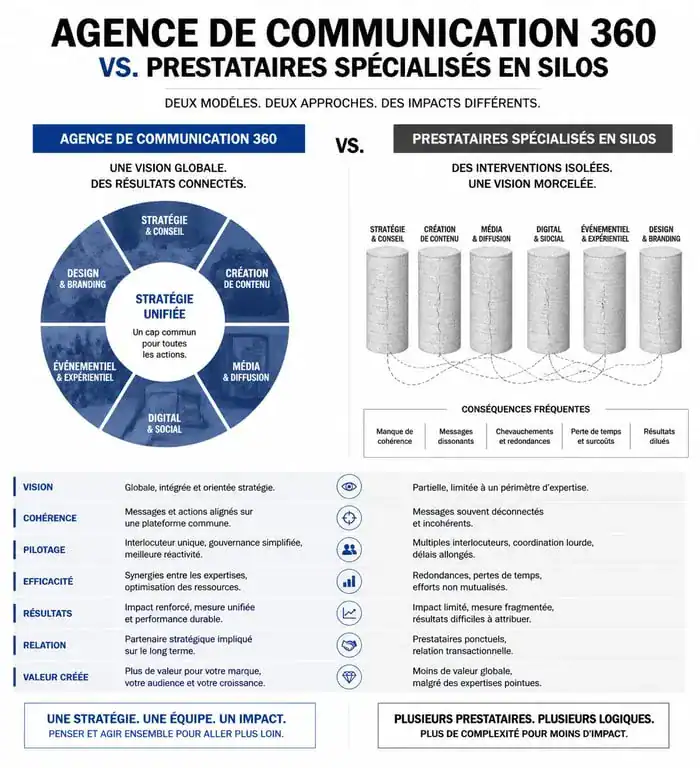 Comparatif agence de communication 360 vs prestataires spécialisés