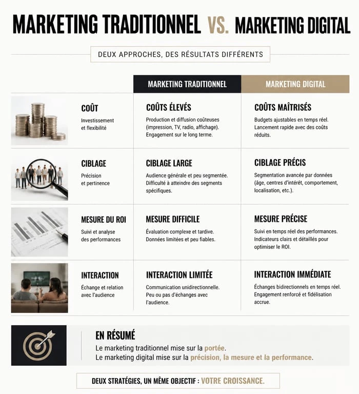 Infographie comparative entre le marketing traditionnel et le marketing digital pour comprendre les avantages du marketing digital.