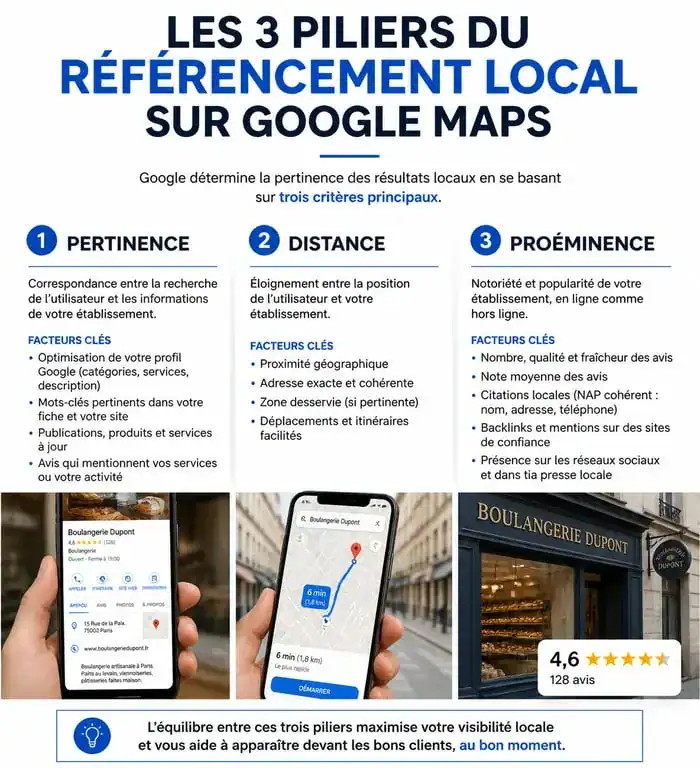 Les trois piliers du référencement Google Maps : pertinence, distance et proéminence pour améliorer votre visibilité locale.