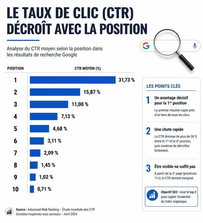 Graphique illustrant la répartition du taux de clic par position dans la SERP pour le positionnement SEO