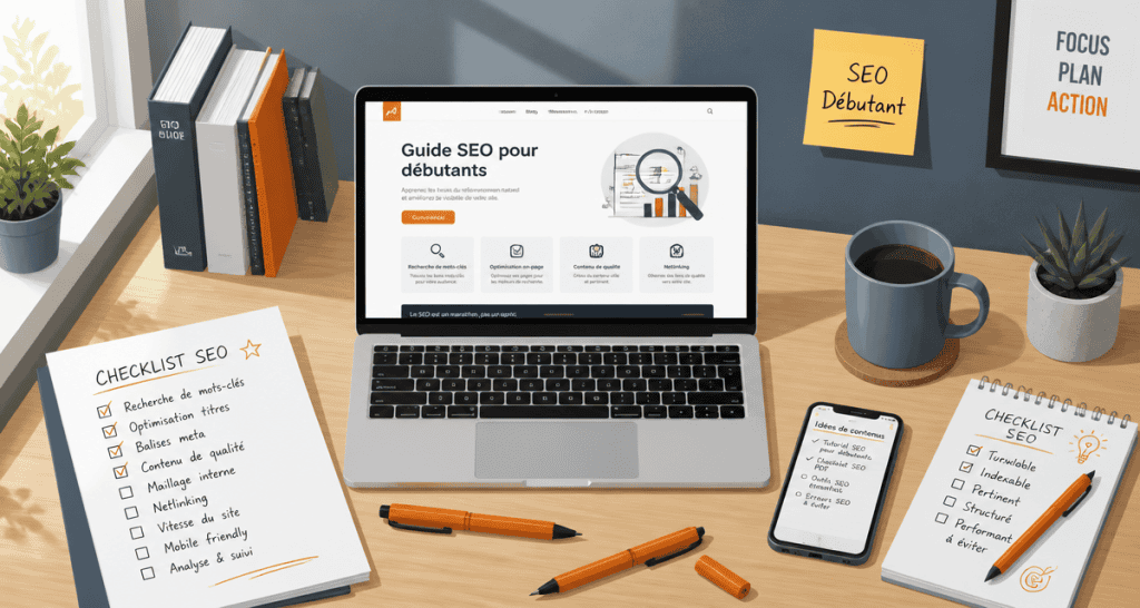 Formation SEO débutant, bureau moderne avec checklist et ordinateur