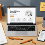 Formation SEO débutant, bureau moderne avec checklist et ordinateur