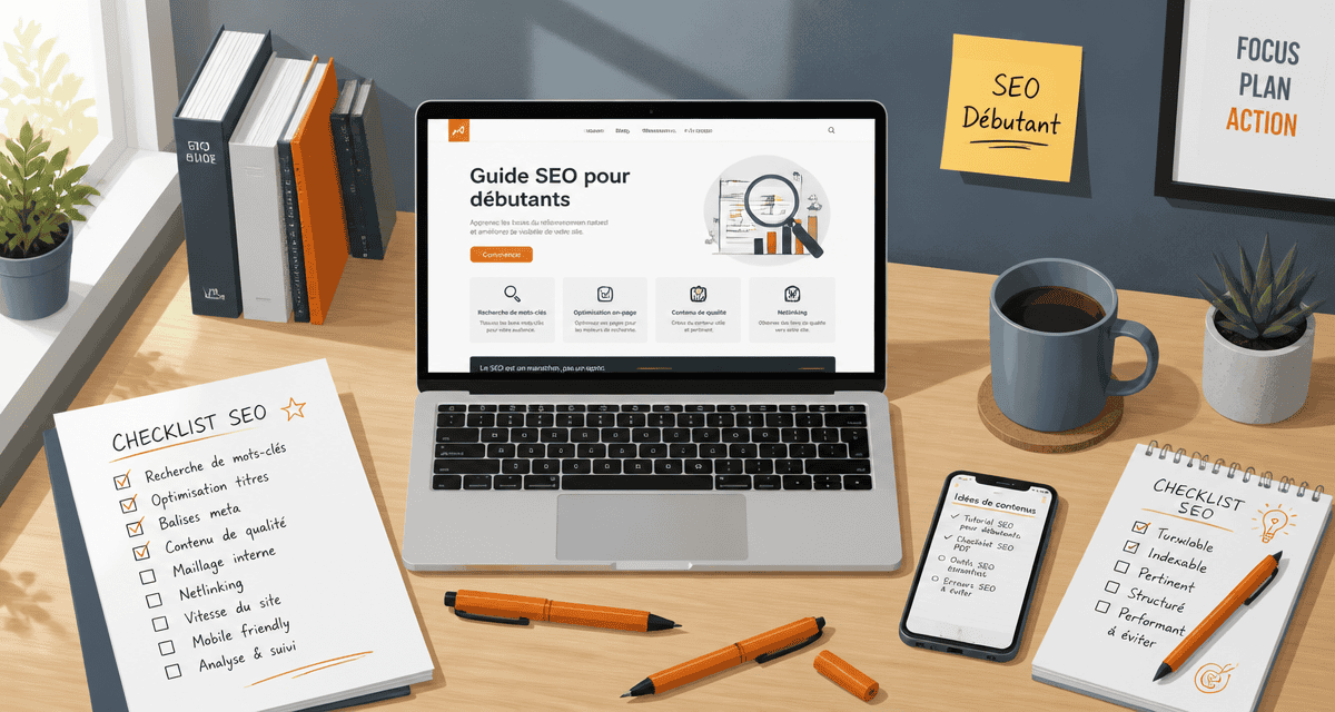 Formation SEO débutant, bureau moderne avec checklist et ordinateur
