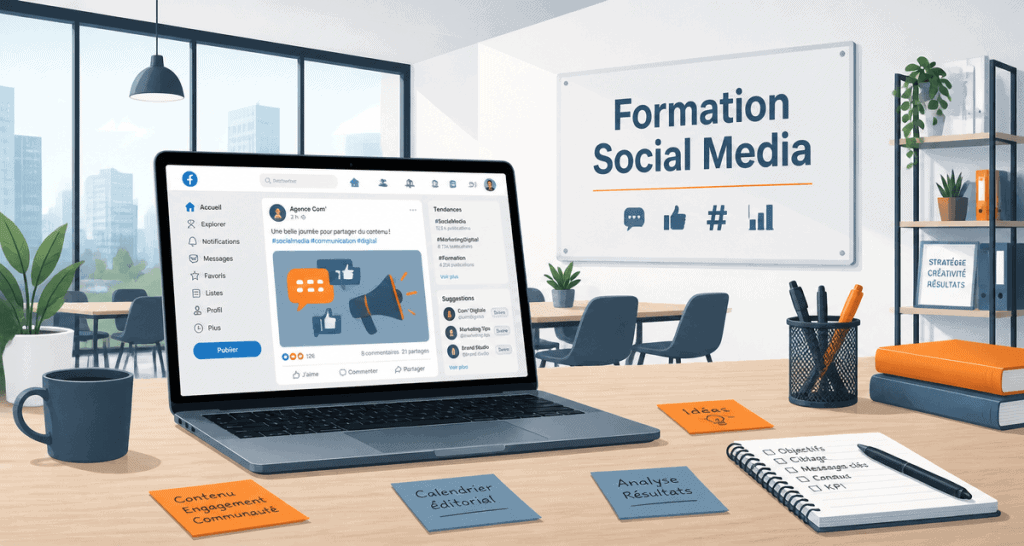 Bureau avec ordinateur et panneau formation social media