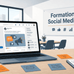 Bureau avec ordinateur et panneau formation social media