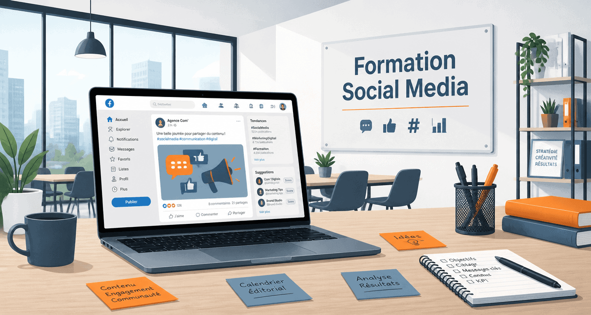 Bureau avec ordinateur et panneau formation social media