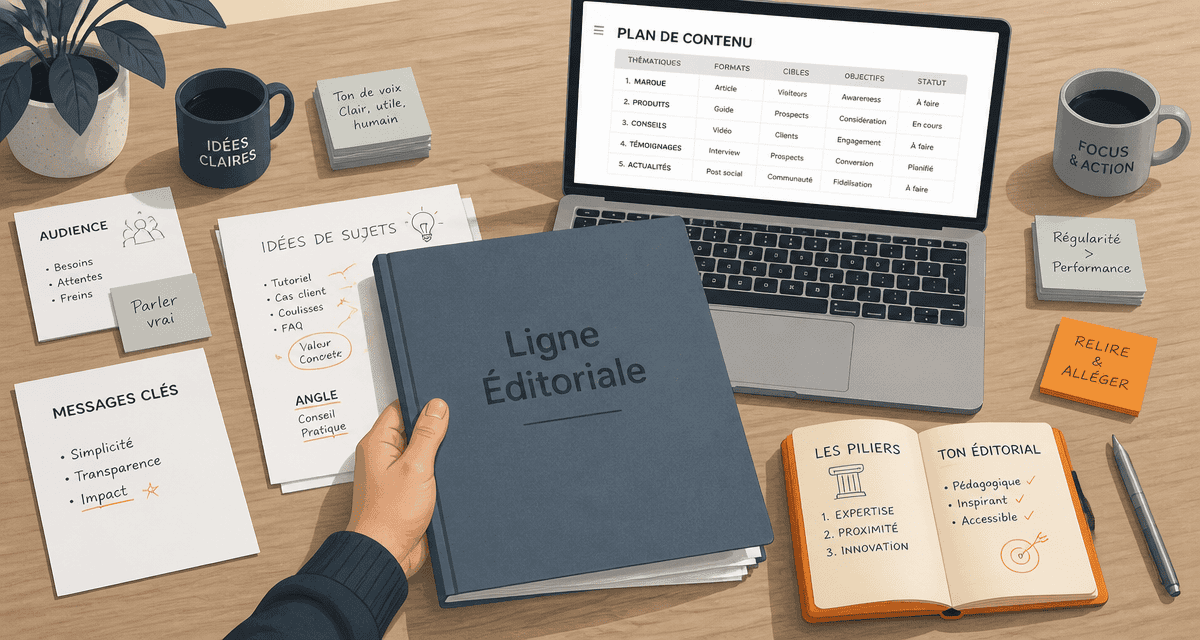 ligne editoriale def dossier bleu sur bureau
