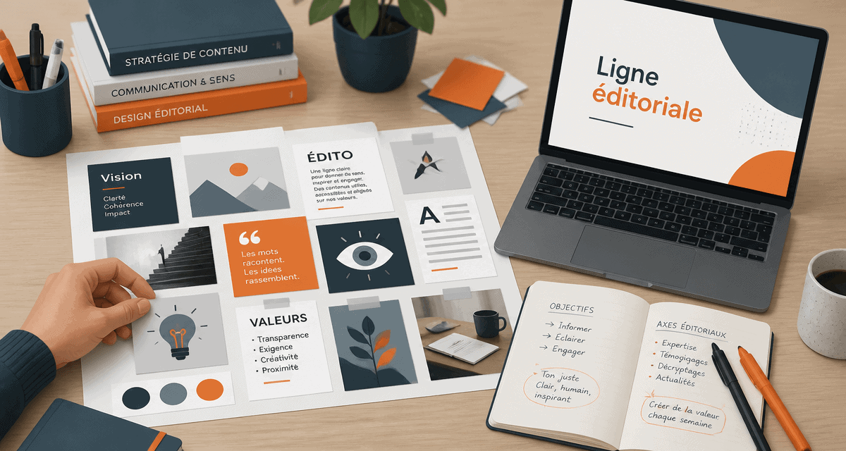 ligne éditoriale exemple sur bureau avec moodboard