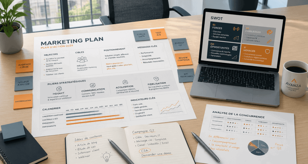 Plan marketing stratégique opérationnel sur bureau moderne