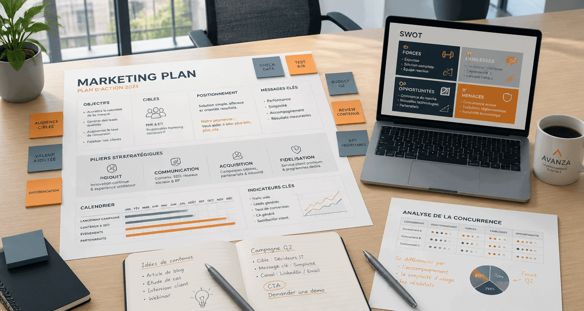 Plan marketing stratégique opérationnel sur bureau moderne