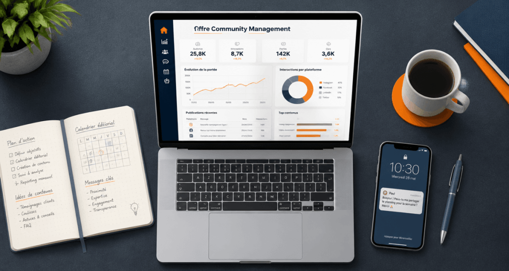 Offre community management sur bureau avec ordinateur et carnet