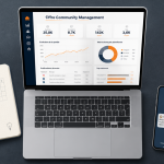 Offre community management sur bureau avec ordinateur et carnet