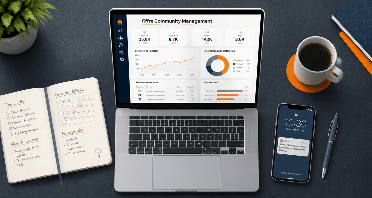 Offre community management sur bureau avec ordinateur et carnet