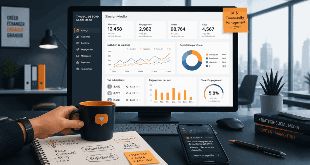outils ia community management écran social media