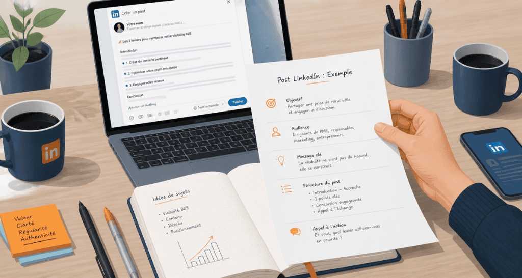 post linkedin exemple sur bureau avec feuille structurée