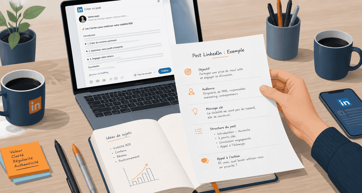 post linkedin exemple sur bureau avec feuille structurée