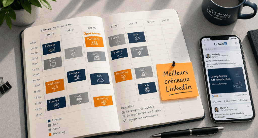 quand publier sur linkedin agenda et smartphone