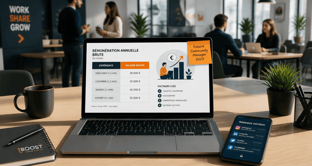 salaire community manager 2025, Paris vs province, bureau, ordinateur, notifications réseaux sociaux